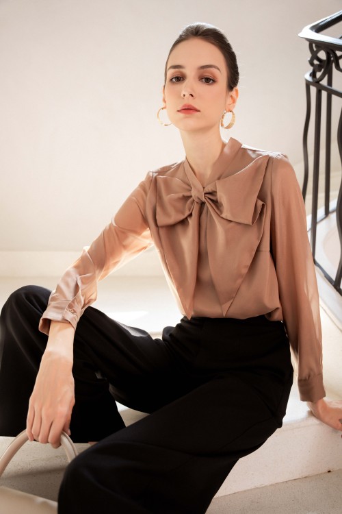 Sixdo Brown Bow-tie Organza Blouse